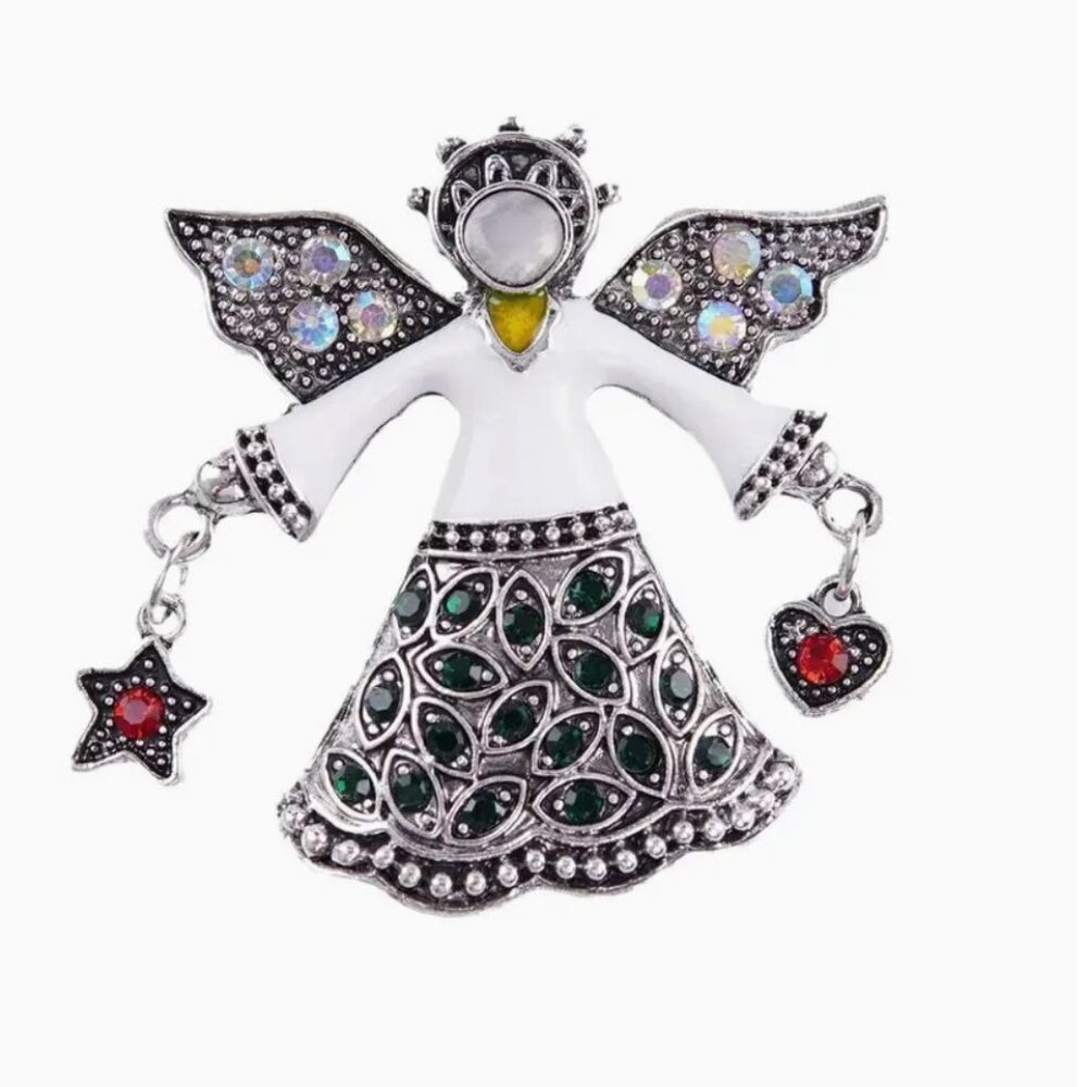 Angel Brooch Pin With Green & Red Crystal Accents Silver Tone